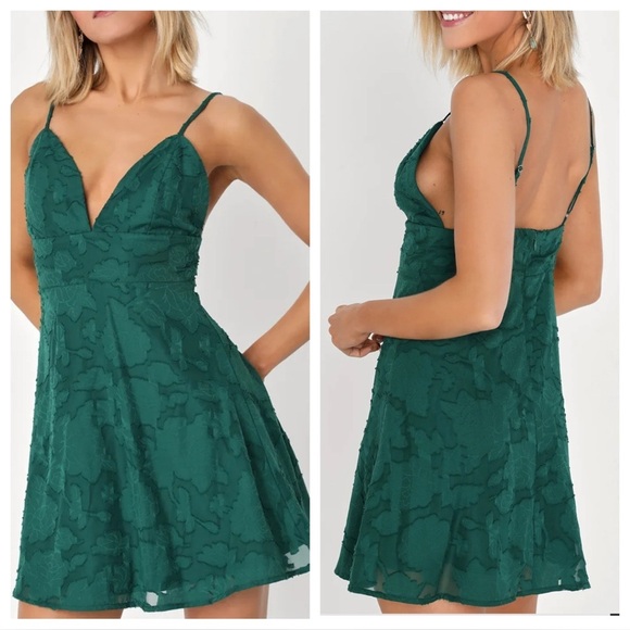 Lulus Dresses & Skirts - NWT Lulus Mindful Muse Emerald Green Floral Burnout Skater Mini Dress Small